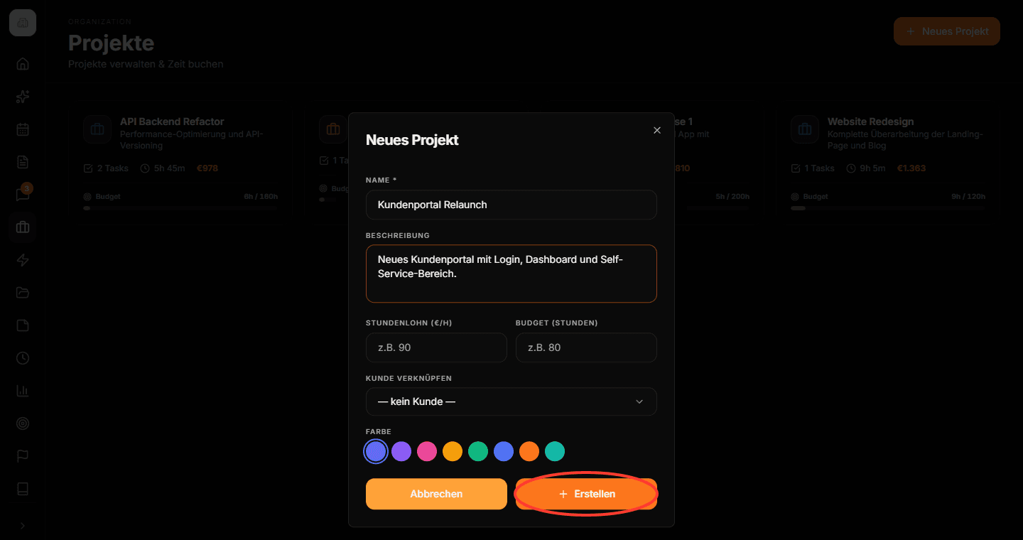 Neues Projekt mit Name, Beschreibung, Stundenlohn, Stundenbudget, Kunde und Farbe